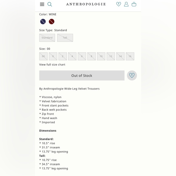 🍷By Anthropologie Wide-Leg Velvet Trousers, 12 Tall - Picture 6 of 7